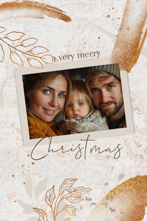 Staande kerstkaart goudlook takjes brushstrokes met eigen foto