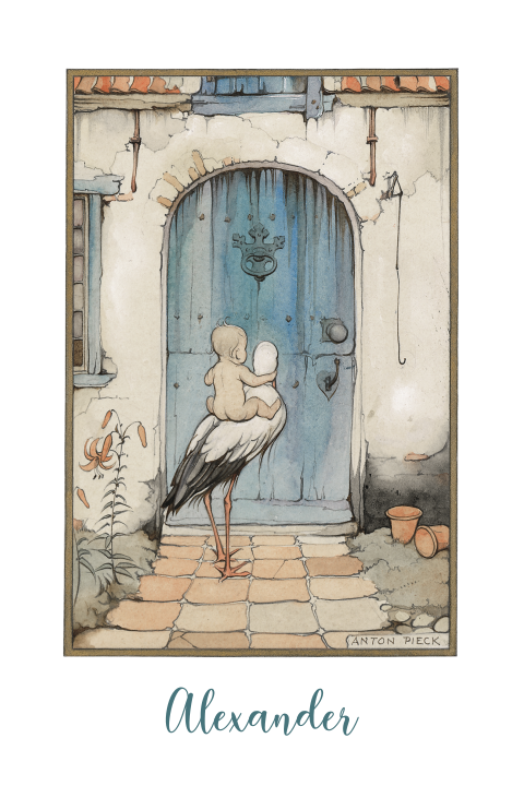 Geboortekaartje Anton Pieck baby met ooievaar voordeur