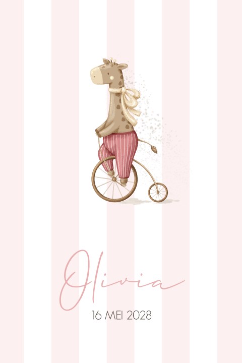 Geboortekaartje meisje giraffe op fiets