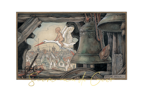 Anton Pieck geboortekaartje ooievaar kerkklokken goudfolie
