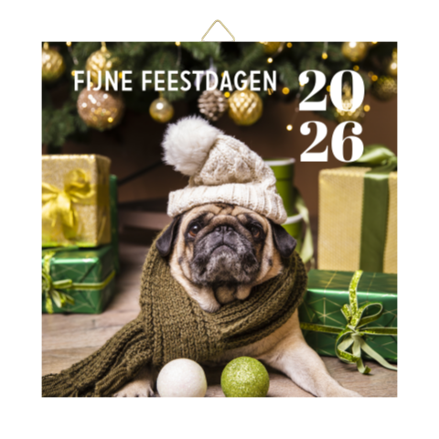 Kerst tegeltje foto hond met pakjes onder kerstboom