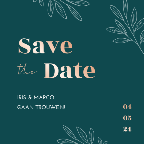 Save the date turquoise takjes met rosegoudfolie