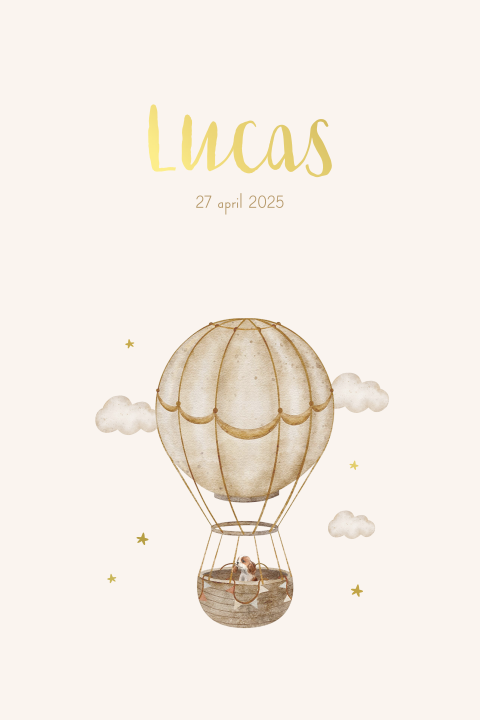 Geboortekaartje watercolor luchtballon, hondje en goudfolie