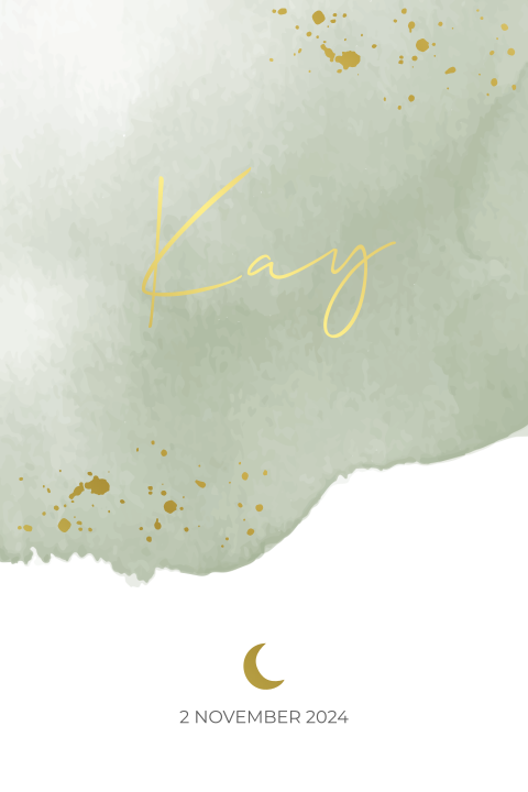 Geboortekaartje jongen groene watercolor vegen goudfolie maan spetters