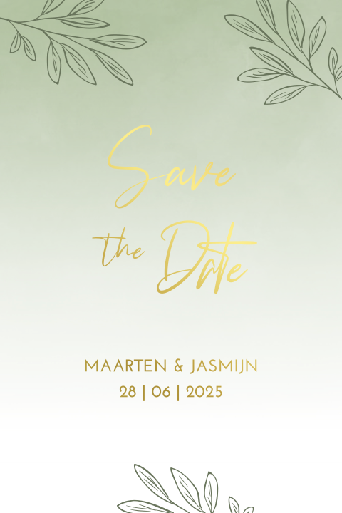 Save the date botanisch olijfgroen takje goudfolie