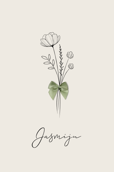 Geboortekaartje lijntekening droogbloemetje satijn groen strikje