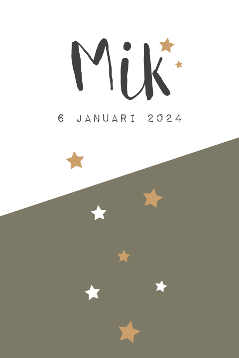 Geboortekaartje Mik olijfgroen geometrisch vlak met sterretjes