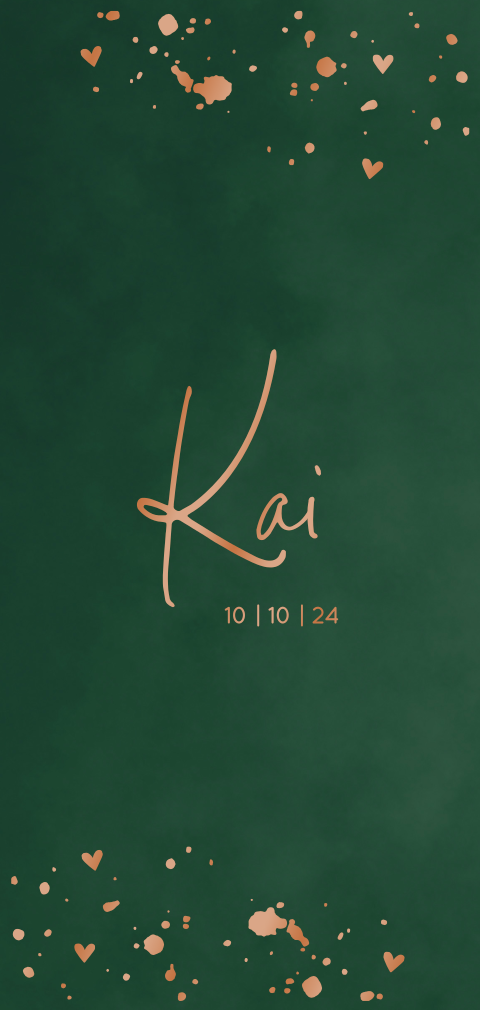 Geboortekaartje jongen groen koperkleur hoogglans spetters