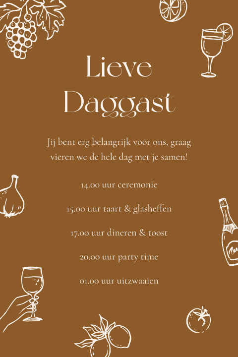 Dagprogramma trouwkaart Vinyard vibes getekende illustraties