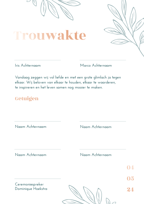 Trouwakte turquoise takjes rosefolie