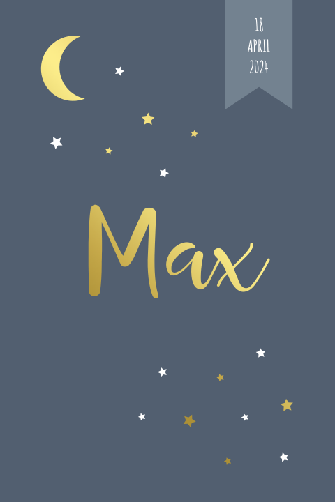 Geboortekaartje blauw goudfolie maan sterren