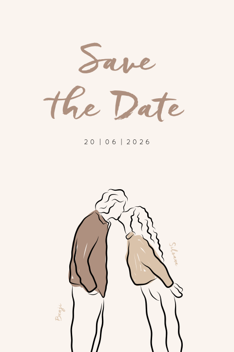 Save the date hangetekende illustratie verliefd koppel bruin beige