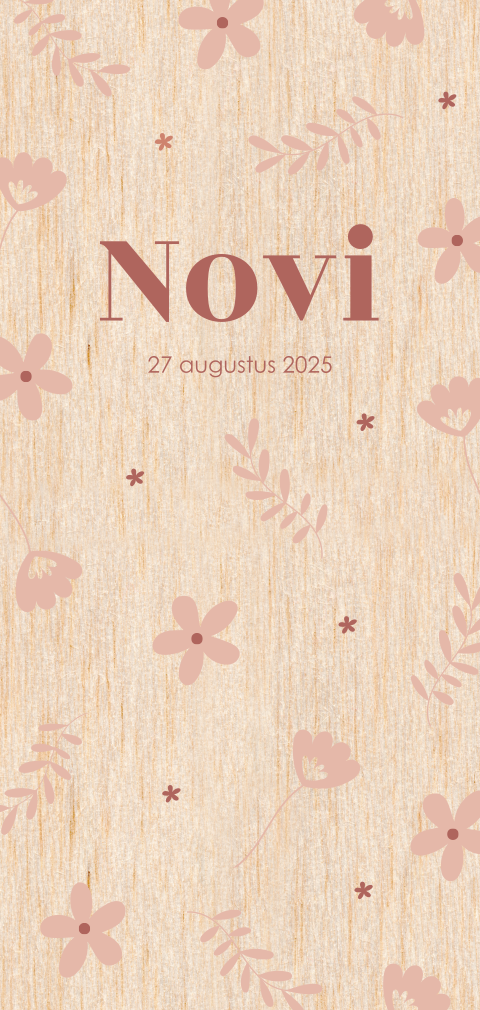 Geboortekaartje echt hout bloemenprint bruin roze