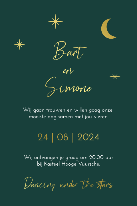 Trouwkaart groen goudfolie maan sterren
