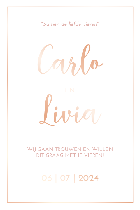Kalkpapier trouwkaart met rosefolie en klassiek kader