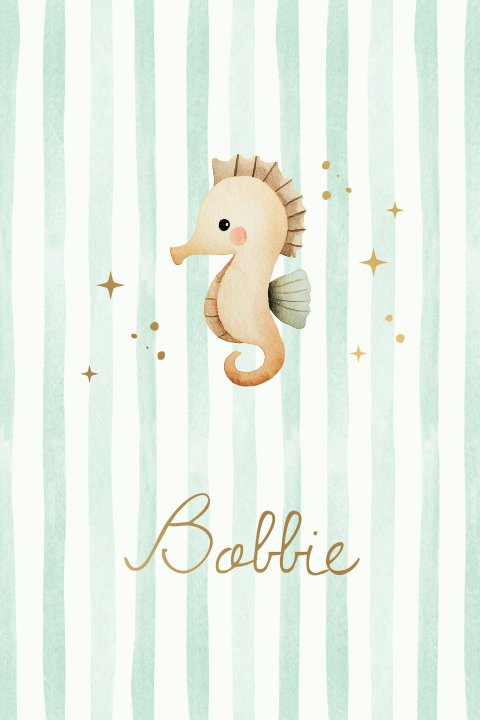 Aquarel baby zeepaardje groene strepen en mat goudfolie