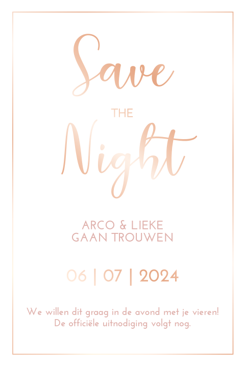 Kalkpapier save the date voor avondgasten met rosefolie