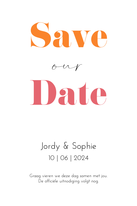 Save the date oranje roze trouwhuisstijl