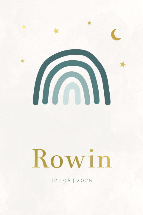 Geboortekaartje gebouwen regenboog blauw goudfolie sterren