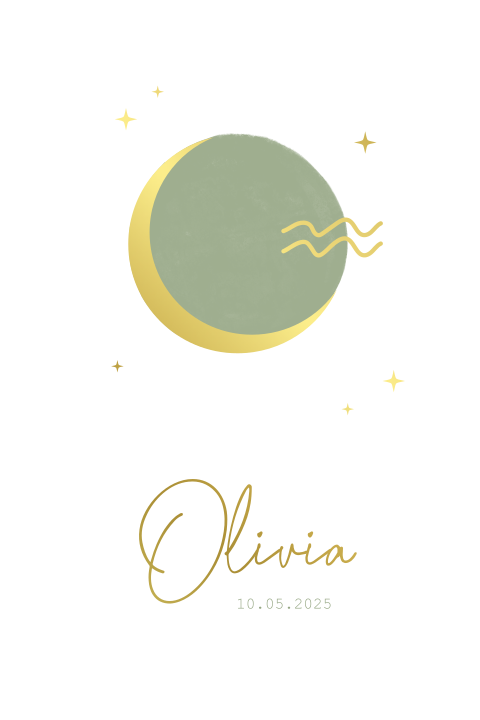 Geboortekaartje olijfgroen maan met goudfolie sterrenbeeld