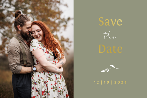 Save the date foto goudfolie groen takje