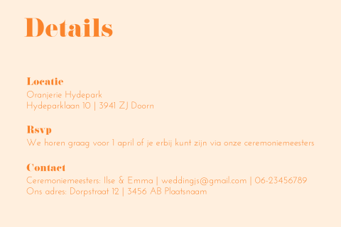 Details & rsvp oranje roze trouwhuisstijl