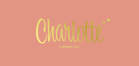 Geboortekaartje meisje langwerpig peach goudfolie hartjes