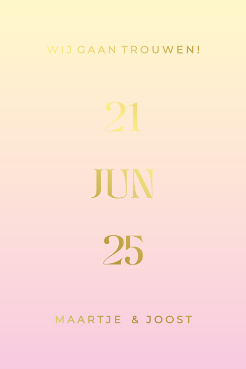Kleurrijke save the date geel met roze en goudfolie