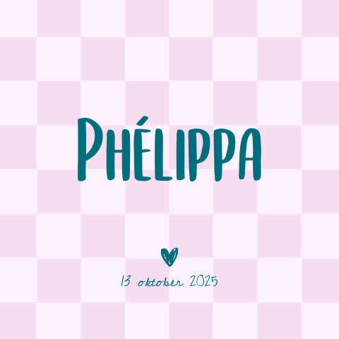 Geboortekaartje roze lila blokjes patroon turquoise hartje