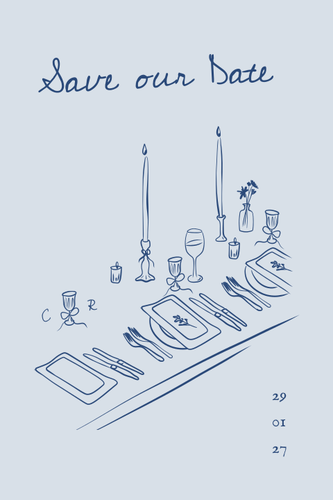 Save the date handgetekende illustratie diner tafelsetting