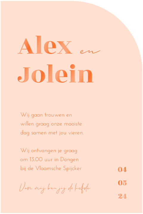 Trouwkaart halve boogvorm zomers oranje hoogglans