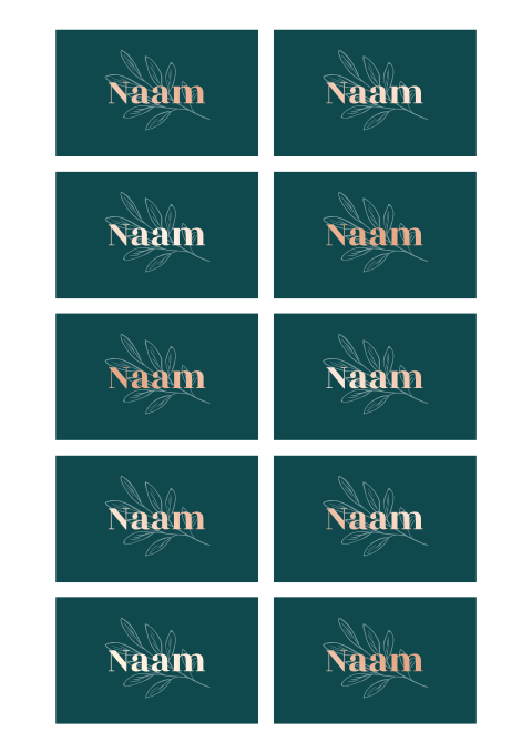Naamkaartjes turquoise takje rosegoudfolie