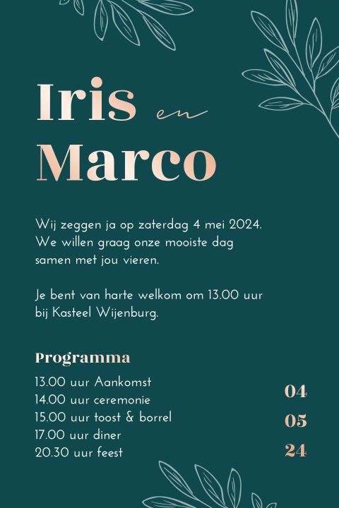 Trouwkaart turquoise takjes met rosegoudfolie