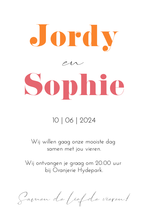Trouwkaart oranje roze trouwhuisstijl