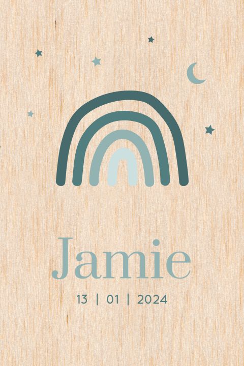 Geboortekaartje echt berken hout met turquoise regenboog