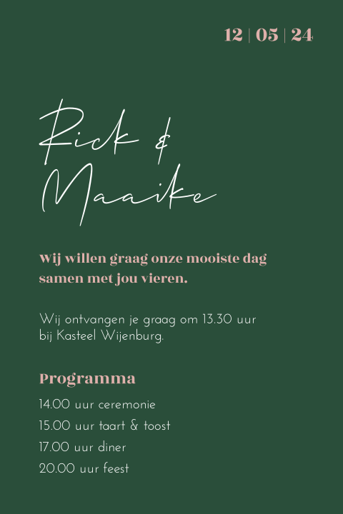 Minimalistische trouwkaart groen roze