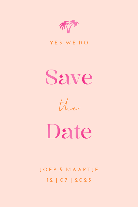 Save the date palmboom roze oranje peach