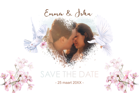 Save the date witte duiven roze bloesem.
