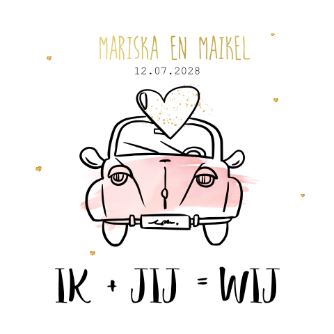 Trouwkaart met geïllustreerde auto en hartjes