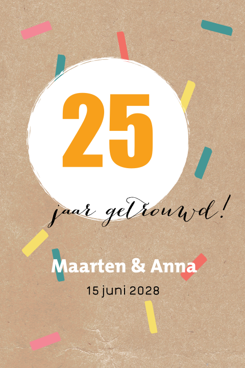 Jubileumkaart 25 jaar getrouwd kleurrijk en kraft look