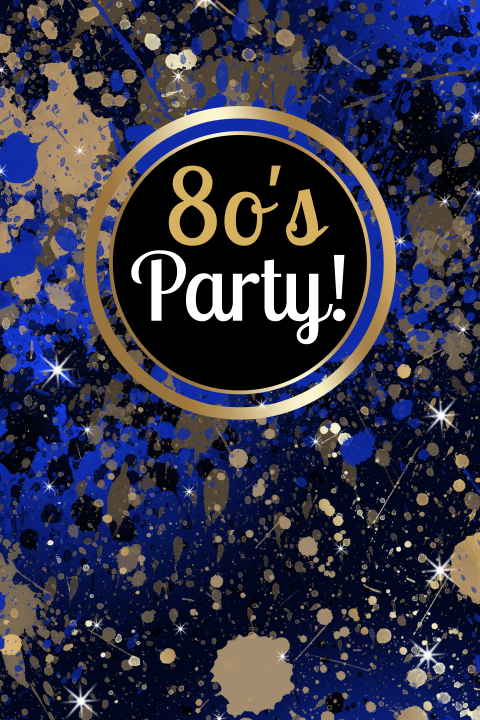 Uitnodiging voor een 80s party met blauw en goud