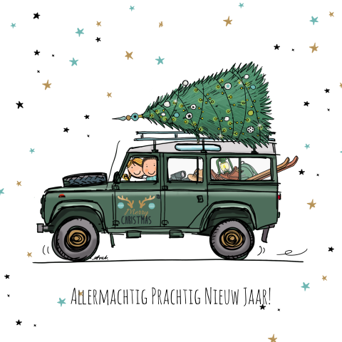 Origineel getekende kerstkaart stoere groene landrover