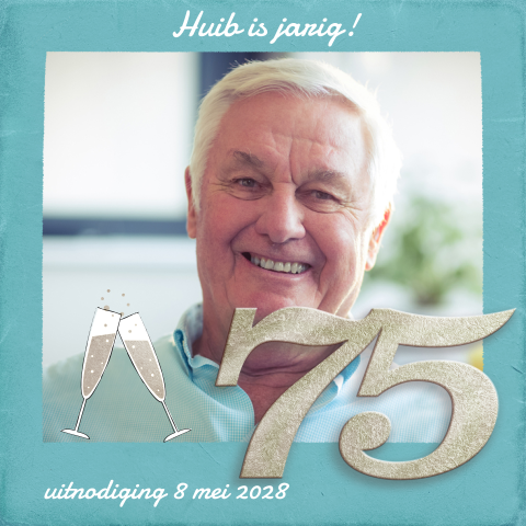 Uitnodiging 75 jaar met blauwe fotokader