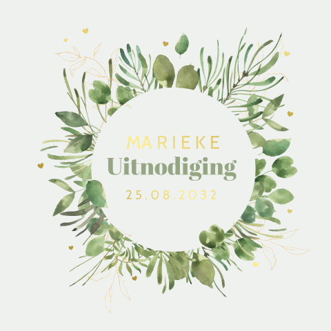 Uitnodiging verjaardag met krans takjes en goudfolie