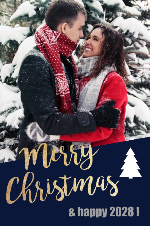 Fotokaart kerst met gouden letters en kerstboom