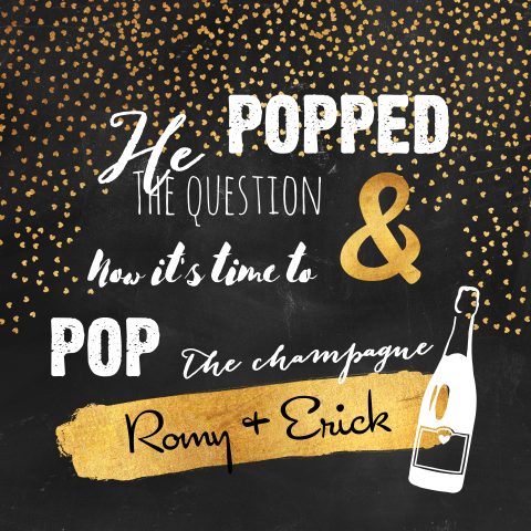 Trouwkaart met gouden hartjes en champagne