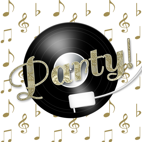 Uitnodiging 80s party met LP en gouden muzieknoten