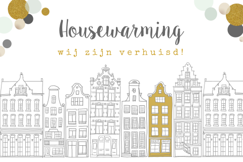 Housewarming uitnodiging met huisjes en confetti