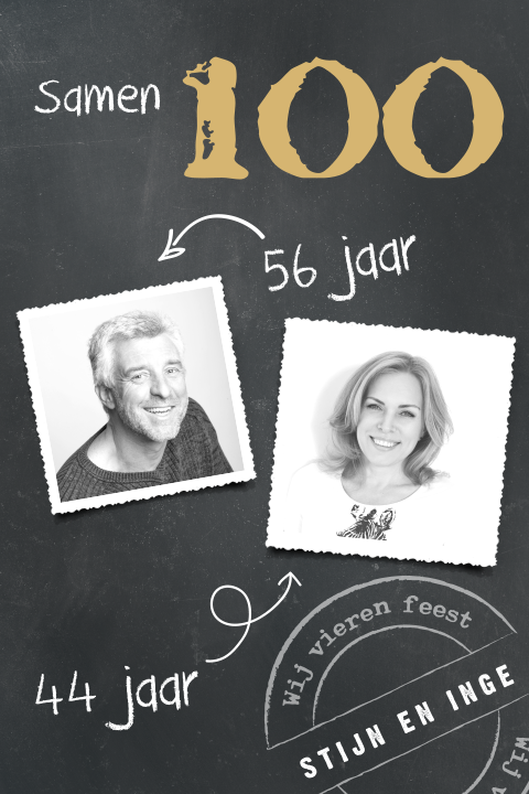Uitnodiging samen 100 met goud op krijtbord
