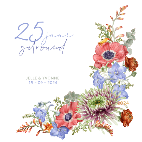 Jubileum trouwen kaart met stijlvol kleurige bloemen